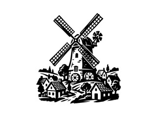 Fototapeta premium Agriculture Industry Rustic Windmill Village Landscape Black and White Woodcut Illustration