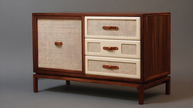 Modern storage cabinet with rich walnut frame, woven cane panels and premium saddle leather drawer pulls, timeless mixed materials design, hyper