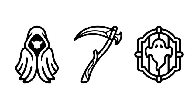 Grim reaper scythe and ghost in frame icons with halloween minimalist mystical supernatural outlined collection isolated illustration mysterious apparition monochrome