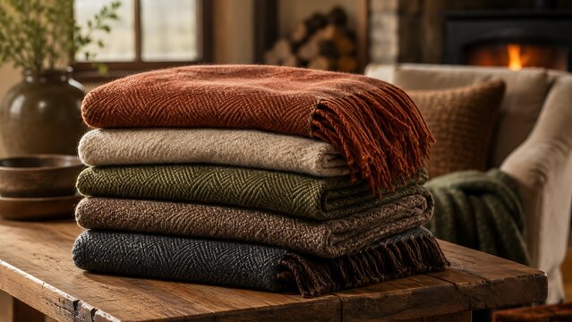 A stack of folded woolen throw blankets in earthy tones rests on a wooden table, adding warmth to a cozy room.