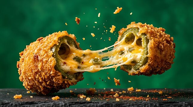 Spicy fried jalape&ntilde;o popper with melted cheese pull