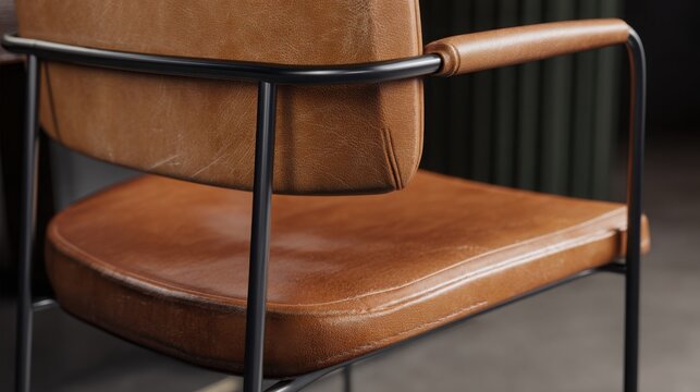 Premium dining chair featuring buttery tan leather upholstery on matte black steel frame, elegant industrial luxury, mixed material craftsmanship
