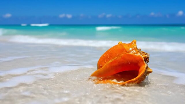 Orange conch shell on white sand beach with turquoise ocean and blue sky