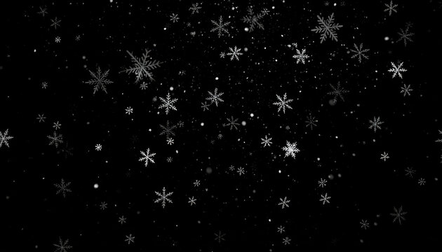 Falling snowflakes on a black background, winter and christmas concept, festive background, snow falling