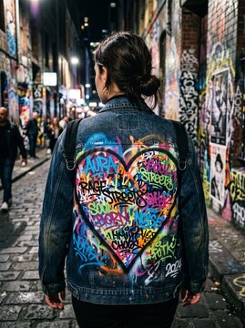 detailed Macro photo of graffiti heart back print 2k showing abstract micro structural details and textures with professional studio lighting