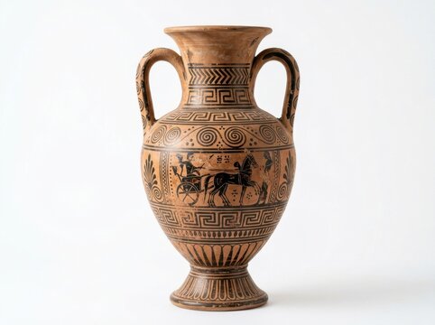 Ancient greek blackfigure pottery amphora with chariot scene, decorated with geometric patterns and floral motifs, isolated on white background