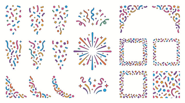 Colorful triangle pattern rounded outline shapes set. Playful geometric frames with festive confetti style. Creative UI elements for kids design, web and graphic layouts