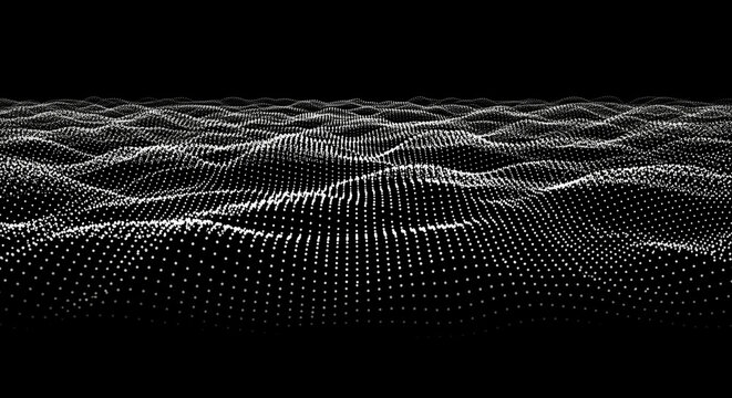 Abstract digital landscape of white dots on a black background, representing data visualization and technology
