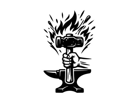 Blacksmith Metalworking Craftsmanship Icon: Strong Hand Holding Hammer Striking Anvil with Fire Sparks