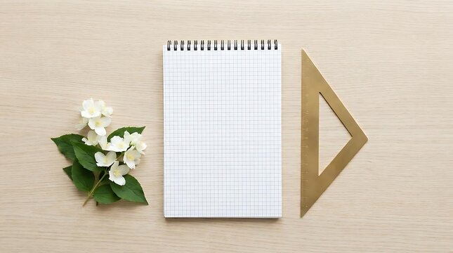Grid notebook with jasmine flowers and triangle ruler.