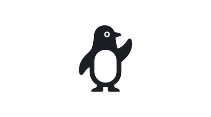 Obraz premium Charming black and white graphic illustration of a friendly arctic penguin standing with a raised flipper, symbolizing a warm greeting or playful welcome