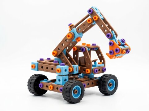 Toy construction vehicle made of plastic building blocks isolated on white background