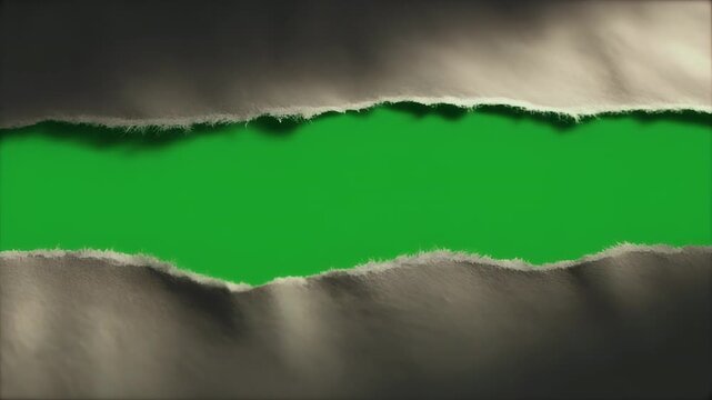 Close-up of torn paper revealing a vibrant green background.