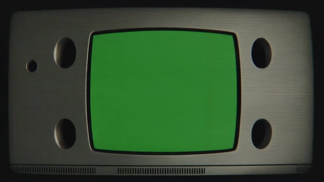 Retro television screen displays a green static pattern.