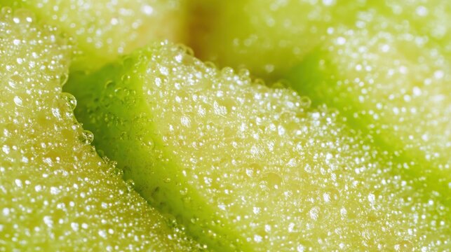 Super realistic macro texture of crisp green apple flesh with tiny juice filled cells sparkling in natural light, fresh harvest concept, premium food