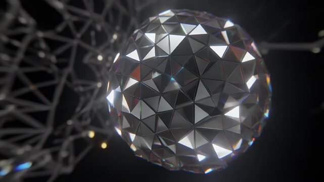 A close-up 3D render of a faceted geometric shape with sharp edges and reflective surfaces.