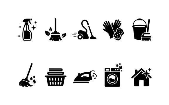Set of black and white cleaning icons representing household chores laundry and home maintenance services