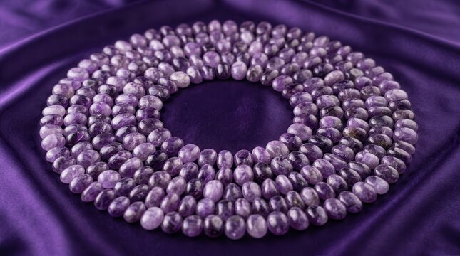 Abundant Smooth Tumbled Amethyst Pebbles Artfully Arranged on a Deep Purple Fabric Surface