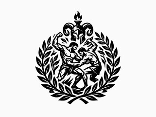 Fototapeta premium Ancient Greco-Roman Wrestling Emblem: Black White Vector Illustration of Grappling Men, Laurel Wreath, Helmet Torch