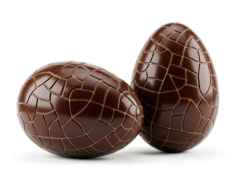 Two chocolate easter eggs with a cracked mosaic pattern isolated on white background