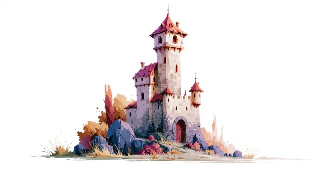 Whimsical Fantasy Castle Tower with Red Roof and Gate