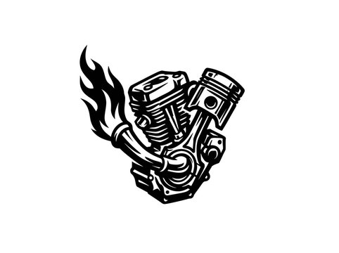 Automotive V-Twin Motorcycle Engine with Pistons and Flame  Black and White Line Art Illustration
