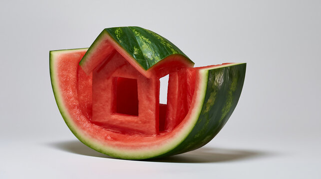 Watermelon house slice on transparent background. A creative artistic composition featuring a small house carved out of a fresh slice of juicy red watermelon, symbolizing nature-inspired living.