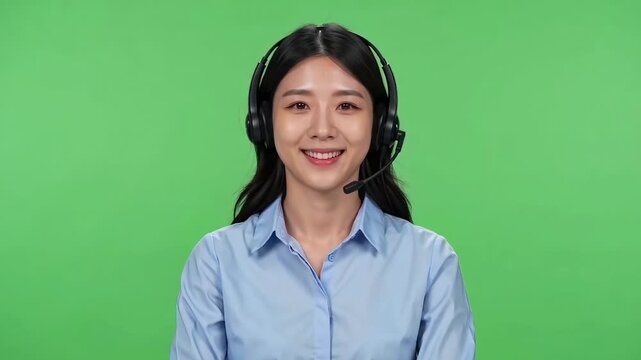 Professional Asian woman wearing headset smiling at camera against green screen background for customer support or call center.