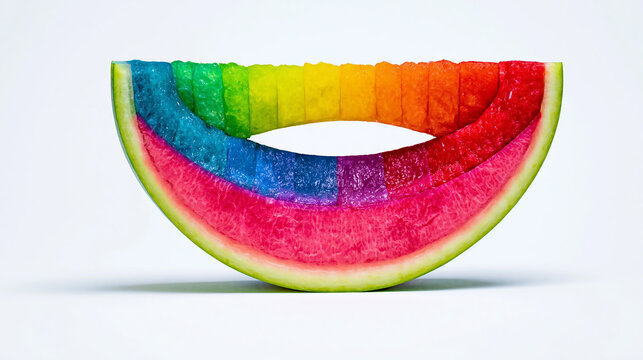 Rainbow color-changing watermelon slice on transparent background, symbolizing creativity, unique food design, pride, and summer fruits.