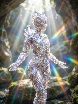 Macro photo of crystal woman glowing prismatic &hellip; showing woman's features showing delicate skin pores natural beauty details and high-resolution skin texture with professional studio lighting