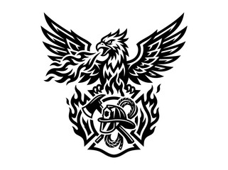 Fototapeta premium Black White Firefighter Phoenix Emblem with Axe Helmet Vector Art