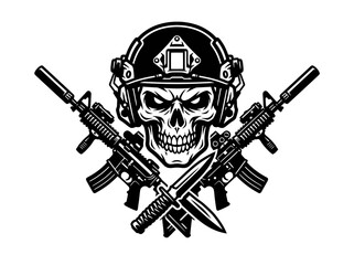 Fototapeta premium Black and white skull in tactical helmet with guns and knife vector art