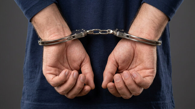 Man's hands cuffed behind back, legal justice concept