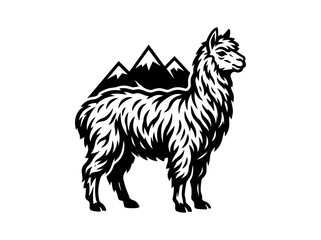 Naklejka premium Monochrome Stylized Alpaca and Mountain Vector Illustration Logo for Nature, Outdoor, and Animal Concepts