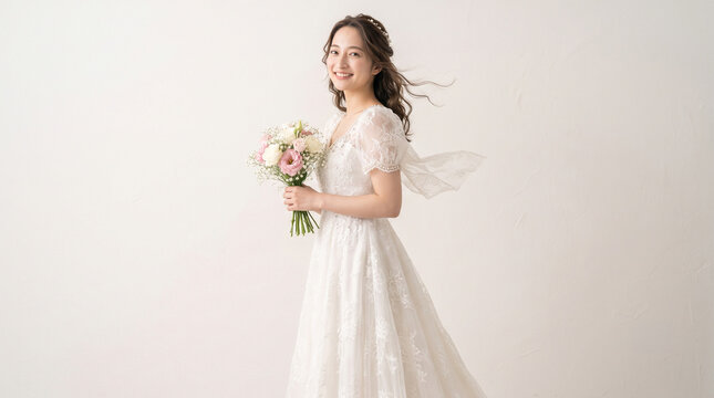 Beautiful Japanese bride holding flower bouquet in white wedding dress