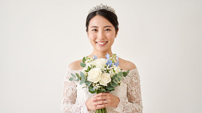Portrait of smiling Asian bride in off-shoulder lace wedding dress