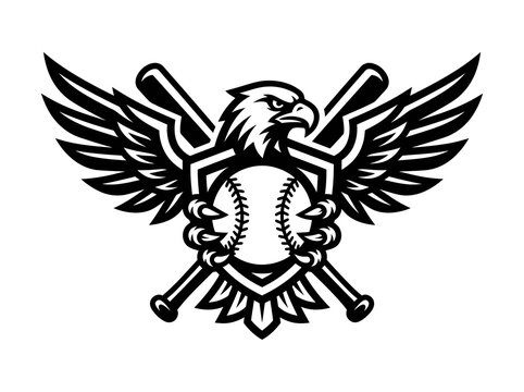 Black and White Eagle with Baseball and Bats Emblem Logo - Sports