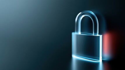 Fototapeta premium A glowing blue digital padlock symbolizing data security and protection against cyber threats. The lock is translucent, set against a dark, reflective surface with a subtle red glow in the background