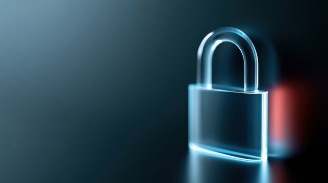A glowing blue digital padlock symbolizing data security and protection against cyber threats. The lock is translucent, set against a dark, reflective surface with a subtle red glow in the background