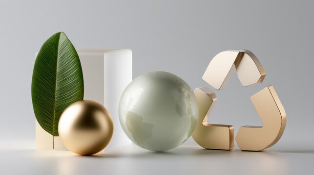 Symbolizing environmental sustainability, a golden recycling emblem stands beside a lustrous sphere and a vibrant green leaf, all arranged aesthetically on a clean, minimalist surface