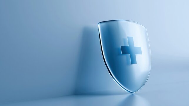 A stylized, transparent shield with a blue cross emblem stands against a light blue wall. The shield symbolizes protection and health, rendered in a modern, clean aesthetic