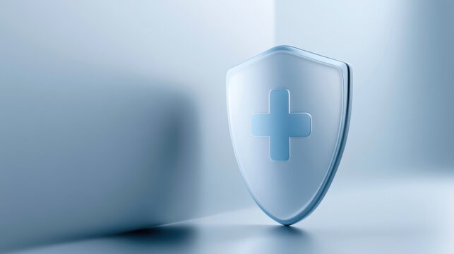 A shield with a blue cross emblem representing protection and healthcare safety. The shield is translucent and glows subtly against a light blue, modern background