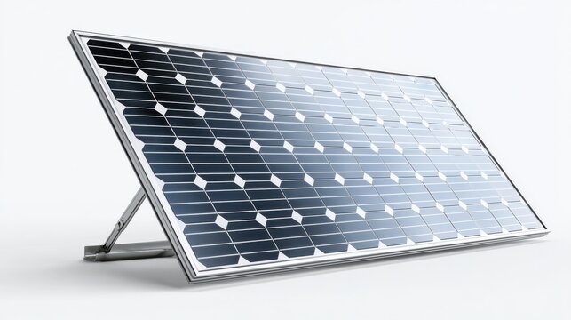A close-up of a solar panel, showcasing its intricate grid pattern and reflective surface, angled on a metal stand
