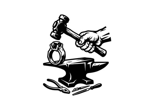 Goldsmith Jewelry Crafting Tools Black and White Vector Illustration with Hammer, Anvil, Ring, Hand