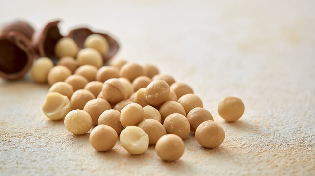 Heap of delicious peeled macadamia nuts with cracked shells on textured background, isolated on transparent background, highlighting healthy organic superfoods.