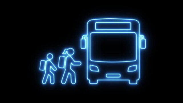 glowing neon school bus icon isolated on black background. Public transportation symbol. 4K Video animation. people walking in bus journey.
