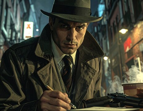 Noir detective in trench coat writing in dark alley.