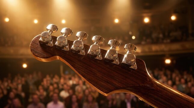 Gleaming Chrome Guitar Tuning Pegs with Fine Knurl Detail on a Dark Wood Headstock Amidst a Concert Audience and Stage Lights