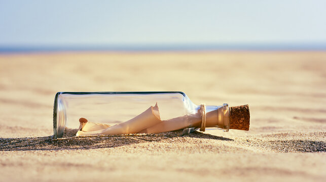 Message in a bottle isolated on transparent background. An old glass bottle with a cork containing a mysterious note on a sunny beach, representing long-distance love, tales, adventure.