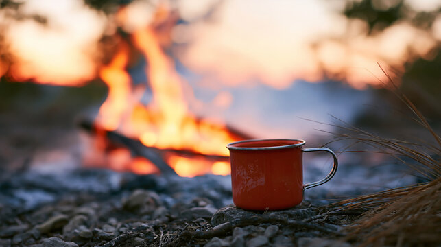 Orange Enamel Mug by Campfire on transparent background. A bright orange enamel cup resting on rocky ground near a crackling campfire, capturing the spirit of outdoor adventure and cozy wilderness.